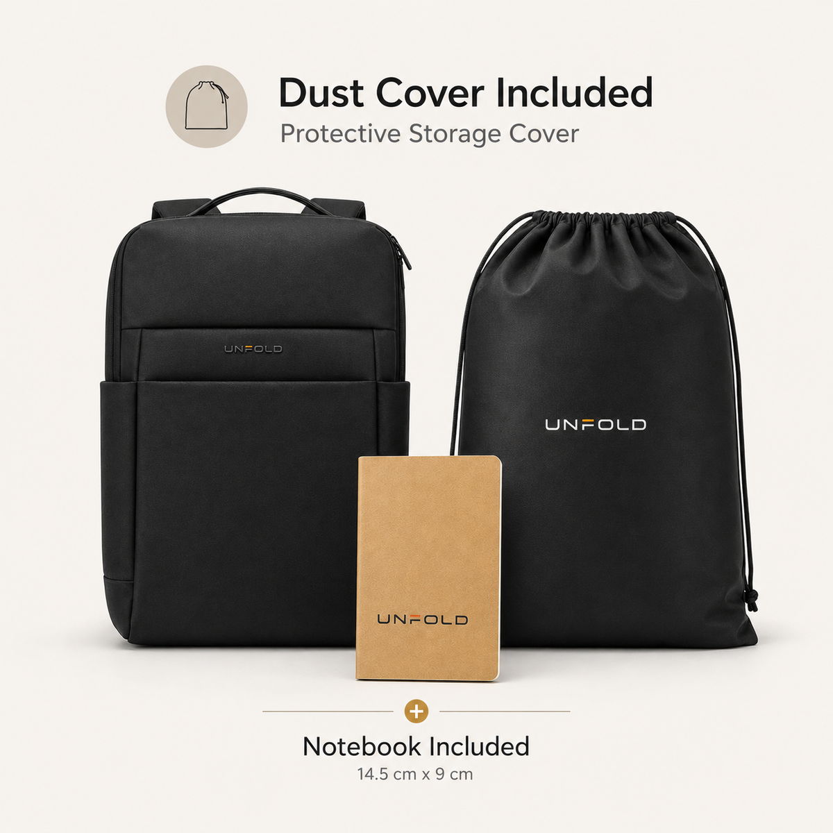 An UNFOLD backpack beside its branded drawstring dust bag