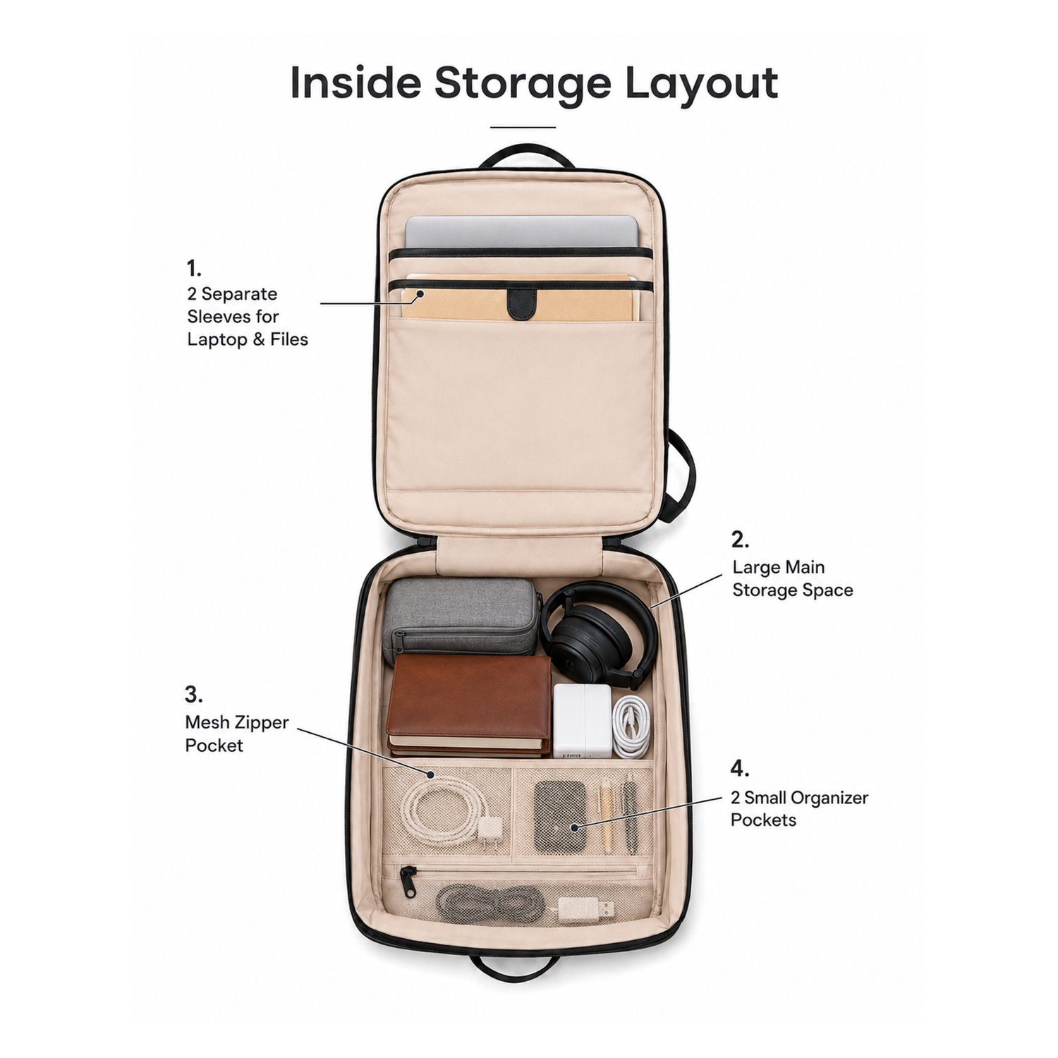 Inside storage layout - laptop sleeves, main compartment and organiser pockets